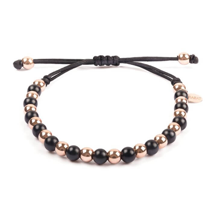 Pulsera de bolas negras y bolas de oro rosa