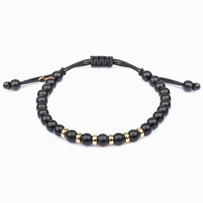 Pulsera de bolas negras y bolas de oro rosa